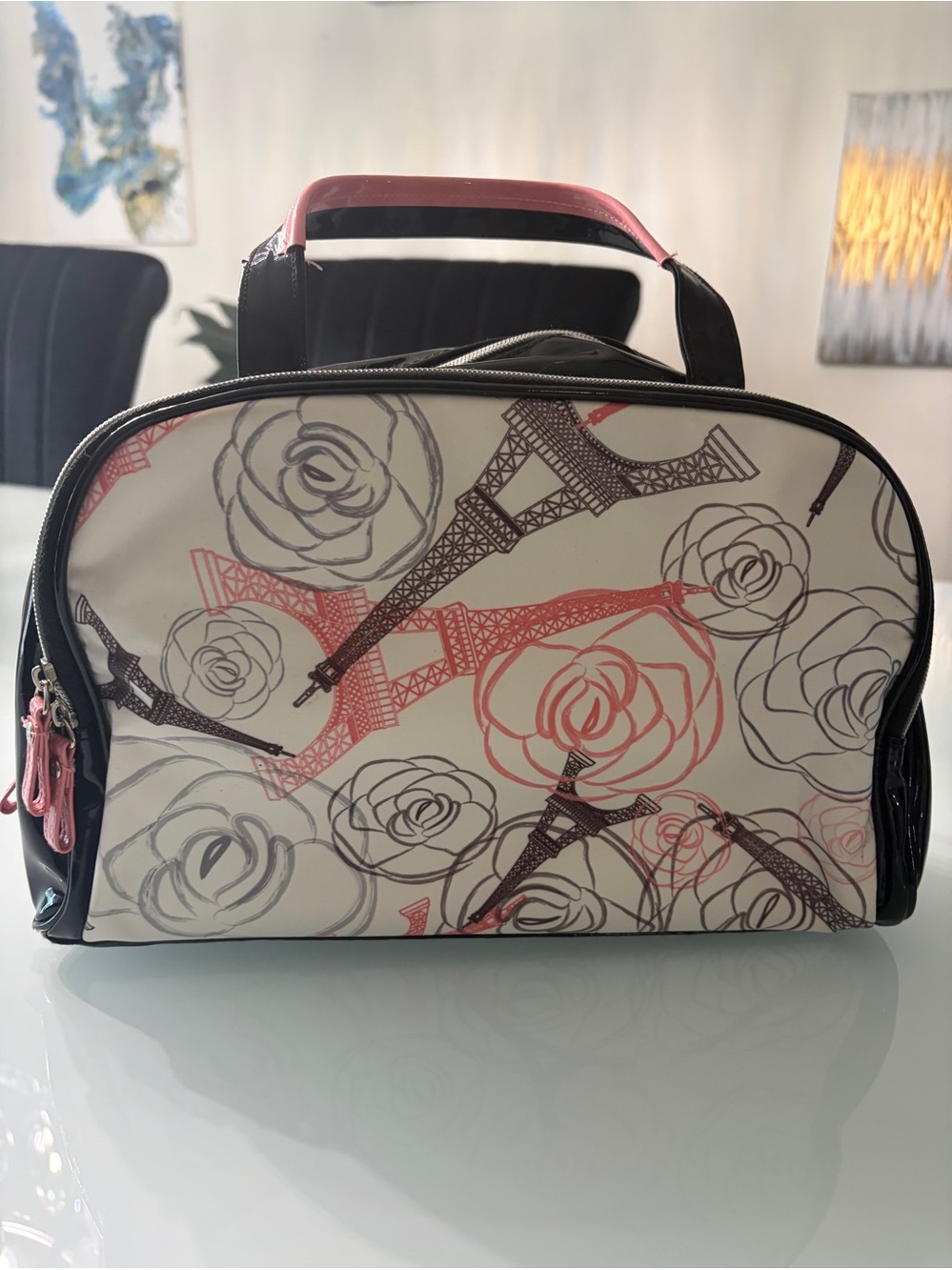 Eiffel Tower Floral Print Cosmetic Case in White, Pink and Black